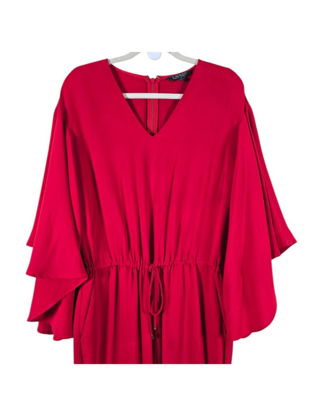 Ralph Lauren LRL Womens Red Drawstring V-Neck Wide Flare Sleeves Jumpsuit Size 8 - Picture 2 of 12